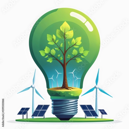 Eco-Friendly Energy Concept: A vibrant illustration showcasing renewable energy sources such as solar panels and wind turbines, integrated harmoniously with a growing tree inside of a lightbulb.