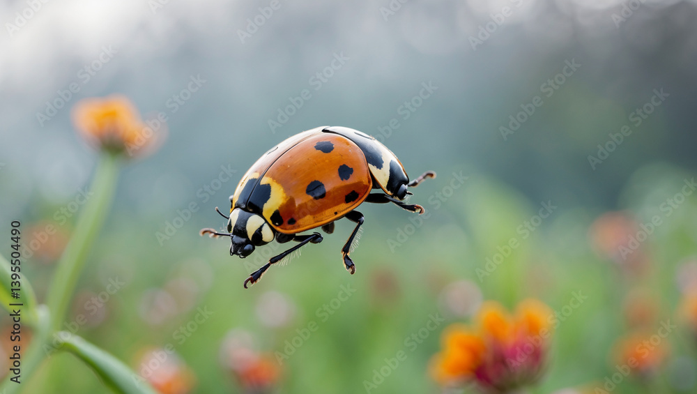 Fototapeta premium Ladybug In Flight Over A Field Of Colorful Zinnia Flowers Macro Shot