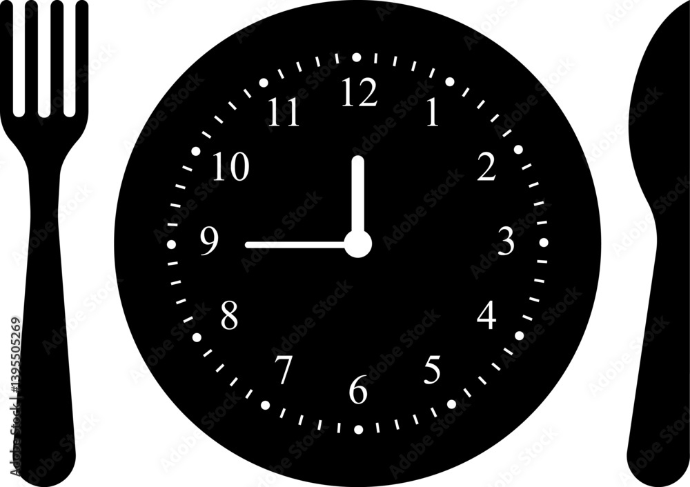 Meal Time Line and Silhouette Icon Set. Dining plate With Clock, Knife And Fork, Restaurant, Culinary, Dining. Time to Eat Concept. Cutlery icon. Spoon, forks, knife. Isolated Vector Illustration Meal Time Line and Silhouette Icon Set. Dining plate With Clock, Knife And Fork, Restaurant, Culinary, Dining. Time to Eat Concept. Cutlery icon. Spoon, forks, knife. Isolated Vector Illustration