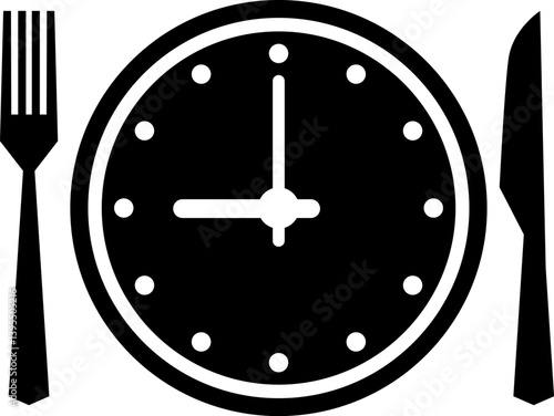 Meal Time Line and Silhouette Icon Set. Dining plate With Clock, Knife And Fork, Restaurant, Culinary, Dining. Time to Eat Concept. Cutlery icon. Spoon, forks, knife. Isolated Vector Illustration