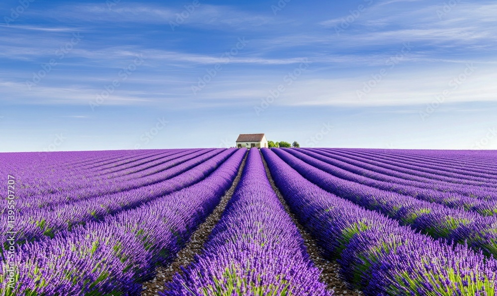 A vast lavender field in full bloom leads to a charming farmhouse under a clear blue sky. A vast lavender field in full bloom leads to a charming farmhouse under a clear blue sky.