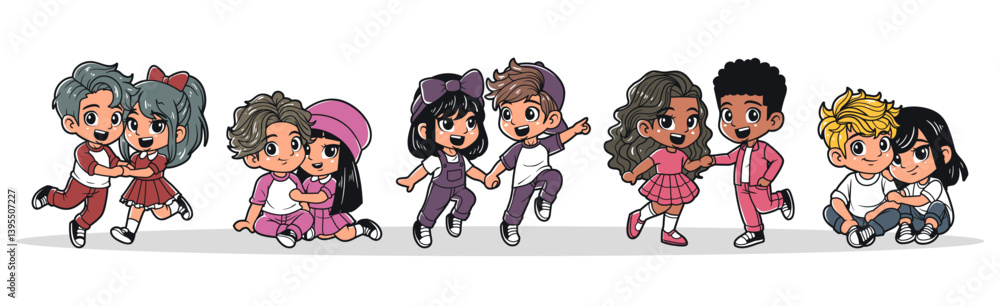 Couple kids character vector illustration set Couple kids character vector illustration set