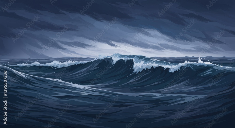 Fototapeta premium Dark, turbulent ocean waves crashing under a stormy sky, evoking a sense of drama