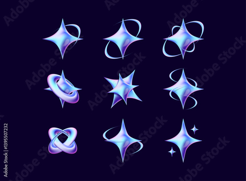 set of star spark collection with line wave modern light 3d hologram, holo, holographic futuristic decoration sign design on dark background
