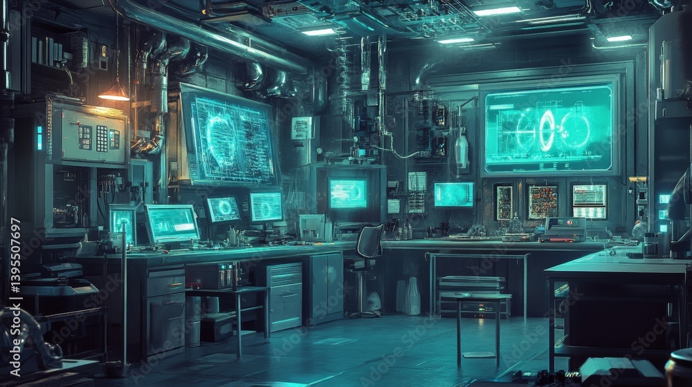 Futuristic control room with multiple screens computers and complex machinery. Futuristic control room with multiple screens computers and complex machinery.