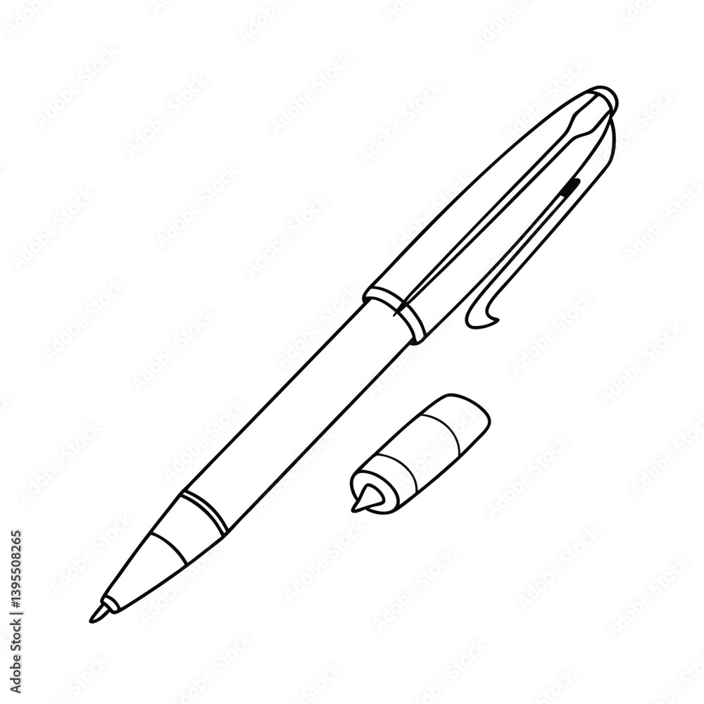 Detailed Outline Illustration Of Classic Ballpoint Pen With Cap Lying Beside Detailed Outline Illustration Of Classic Ballpoint Pen With Cap Lying Beside