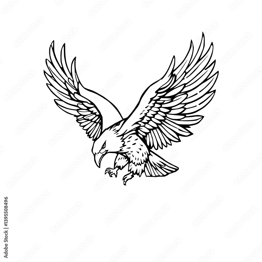 Obraz premium Black and white line drawing of an eagle with wings spread wide, descending with talons extended.