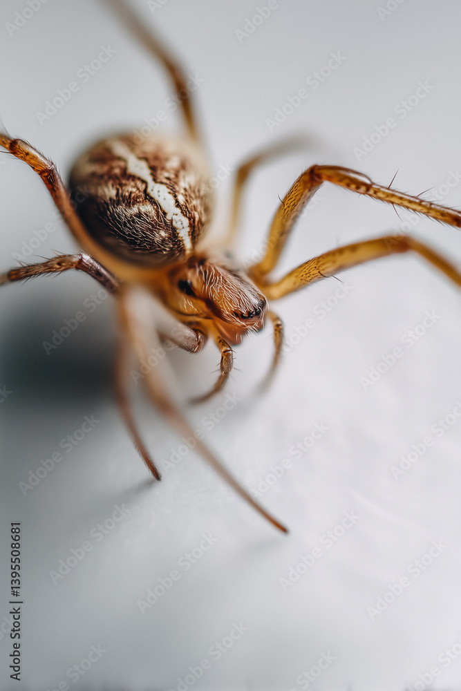 Macro photo of a spider with a patterned brown and beige body and long, slender legs on a light surface.