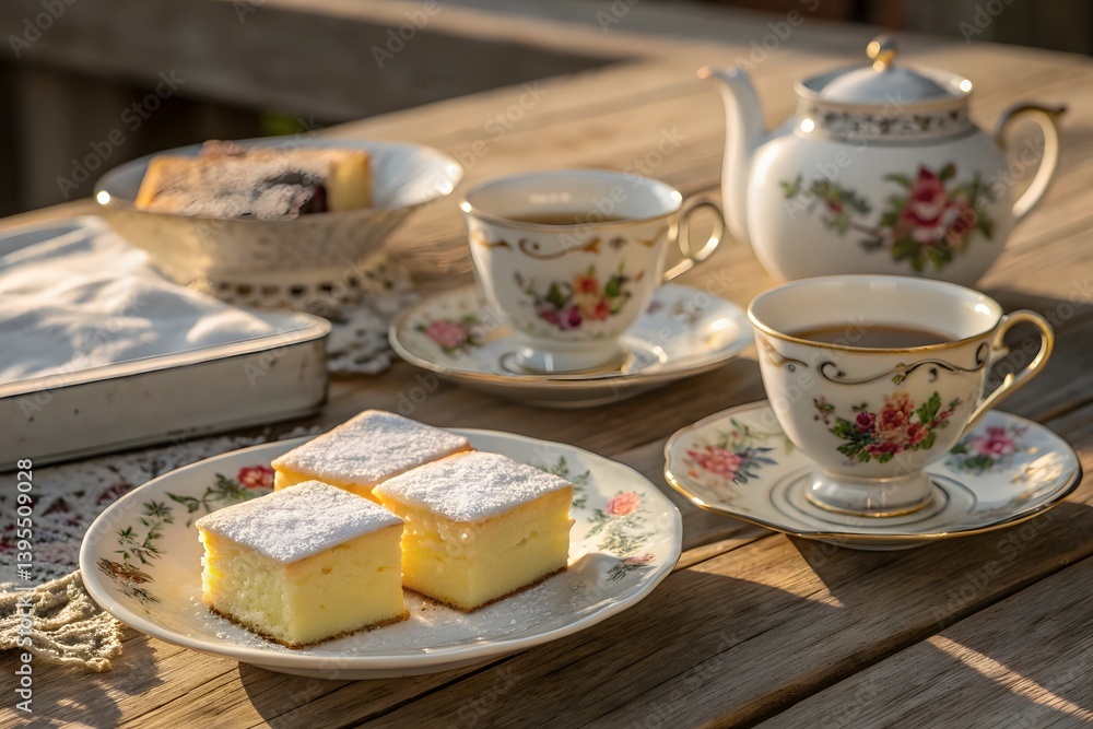 Elegant Tea Set with Pastry on Wooden Table in Sunlight Elegant Tea Set with Pastry on Wooden Table in Sunlight