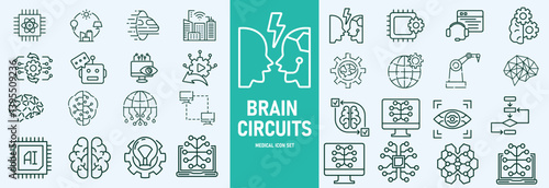 Machine learning outline icons set vector illustrator. AI, data analysis, algorithms, data, automation, learning, science, networks and more.