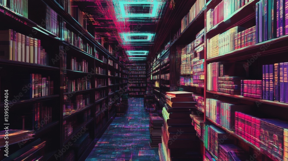 A long aisle between bookshelves filled with books under neon lighting. A long aisle between bookshelves filled with books under neon lighting.