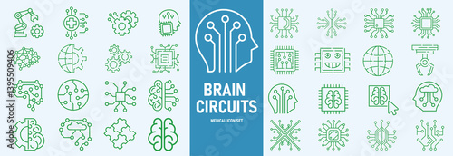 Machine learning outline icons set vector illustrator. AI, data analysis, algorithms, data, automation, learning, science, networks and more.