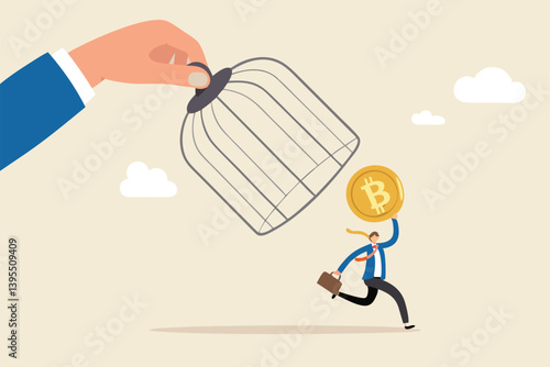 Escaping Bitcoin Trap A Businessman Running Away From A Hand With Cage While Holding Bitcoin Cryptocurrency Representing Financial Freedom And Independence