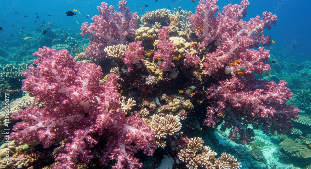 Fototapeta premium Vibrant coral reef teeming with diverse marine life in clear ocean waters