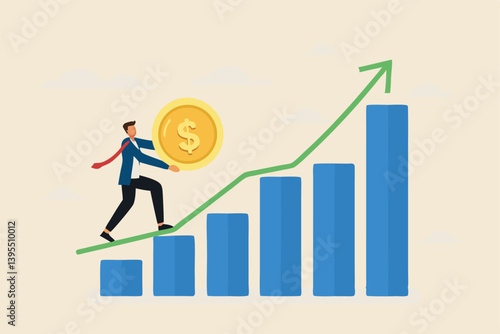 Businessman Climbing Growth Chart With Dollar Coin Representing Financial Success And Investment Strategy In A Flat Vector Illustration