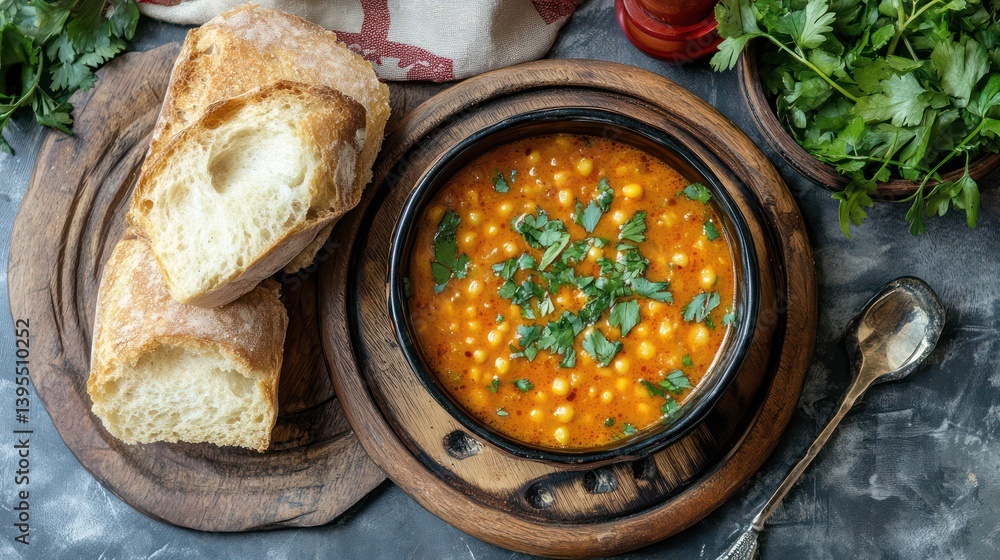 Hearty soup and bread dish Hearty soup and bread dish
