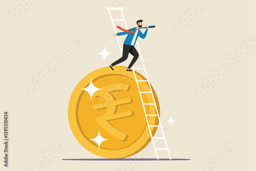 Indian Rupee Currency Growth Opportunities Man On Ladder With Telescope Financial Vision Future Investments And Success In Indias Economy