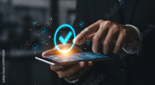 Tapping Checkmark on Smartphone for Task Completion and Approval Confirmation
