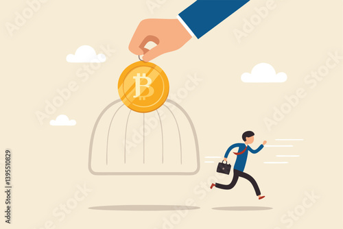 Escaping Bitcoin Trap Conceptual Illustration Of Business Challenges And Financial Risks In Cryptocurrency Investments Businessman Avoiding Digital Currency Risks