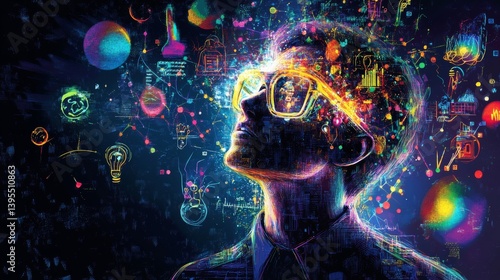 Person wearing glasses looking up with colorful science related objects floating around.