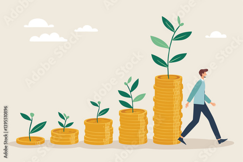 Investment Growth Path With Plant Emerging From Coin Stacks And Person Walking Upwards Illustrating Financial Success And Future Prosperity