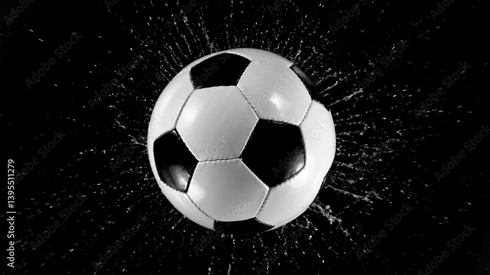 Naklejka premium Detail of soccer ball with splashing water. Isolated on black background.
