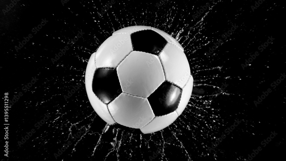Fototapeta premium Detail of soccer ball with splashing water. Isolated on black background.
