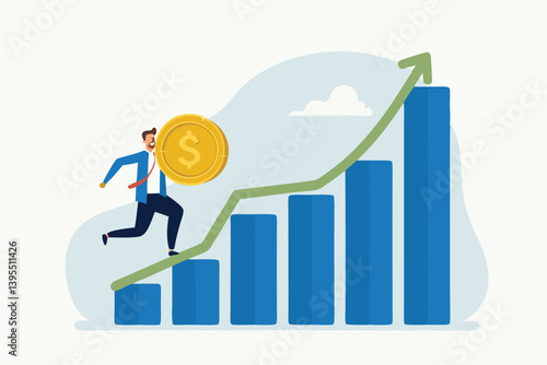 Businessman Running With Coin On Increasing Graph Depicting Business Growth And Financial Success Achieving Goals Represented As Business Profits And Investment