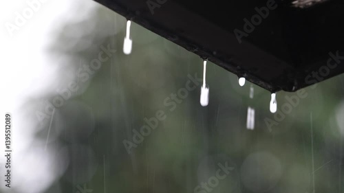 Blurred background of rainwater running down the roof.Blurred background rain dropping from roof tiles
