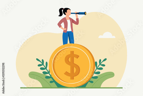 Woman With Telescope Stands On Gold Coin Envisioning Future Financial Growth And Success In Business Investment And Opportunity