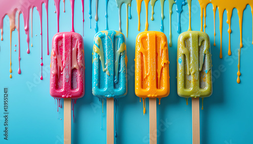 Melting popsicles with vibrant drips, colorful studio shot