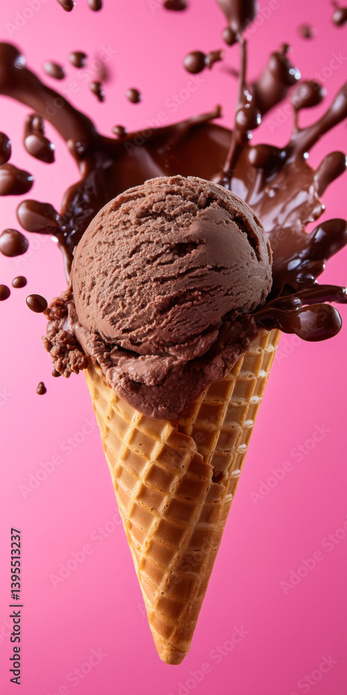 Chocolate splash ice cream over a crisp waffle coneagainst a vibrant pink background.