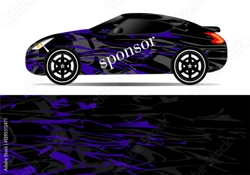 Sleek black and purple sports car with abstract design parked on a minimalist background