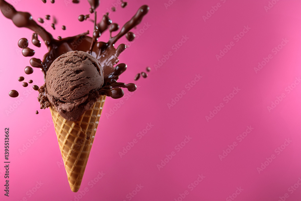 Chocolate splash ice cream over a crisp waffle coneagainst a vibrant pink background.