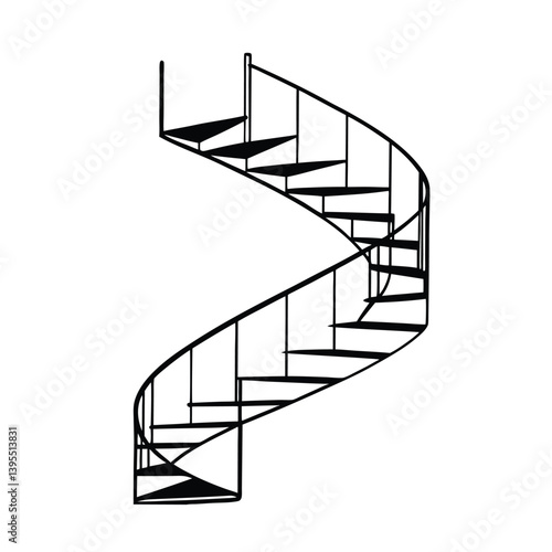 Minimalist Black And White Illustration Of A Spiral Staircase On White Background