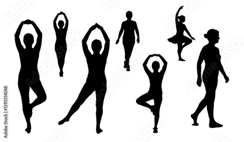 Silhouette Set of Older Woman Performing Relaxing Movements and Gentle Exercises in Various Poses
