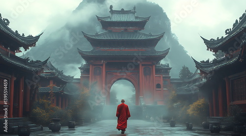 A monk walks through the gate of an ancient temple