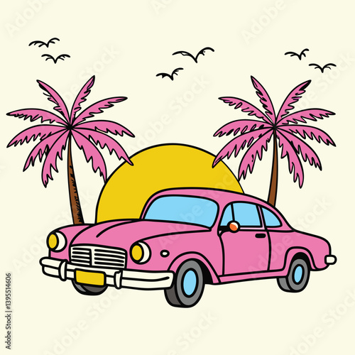 Retro Tropical Car Illustration – Vintage Vehicle with Palm Trees and Sunset in Flat Summer Beach Style.