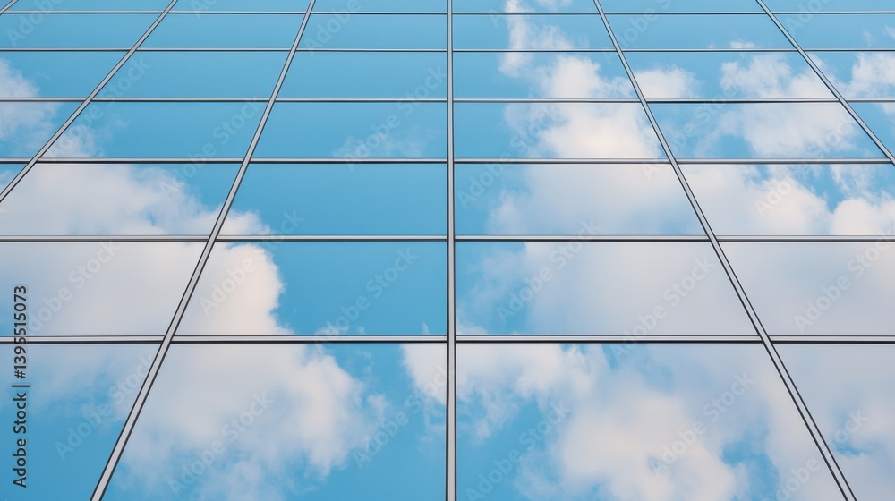Fototapeta premium Modern Glass Building Reflecting Clear Blue Sky and Clouds in an Urban Setting
