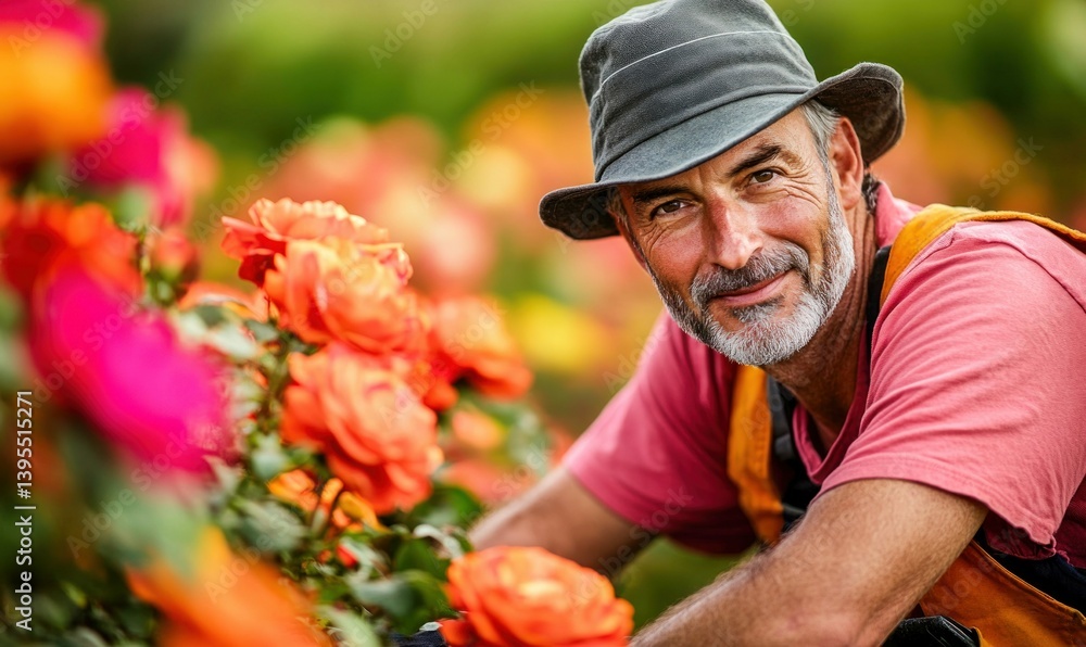 A happy gardener smiles in his rose garden, enjoying the colorful blooms on a sunny day. A happy gardener smiles in his rose garden, enjoying the colorful blooms on a sunny day.
