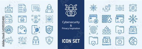 Cybersecurity icons set with firewall, data encryption, password protection, phishing attack, two factor authentication, cyber threat, 