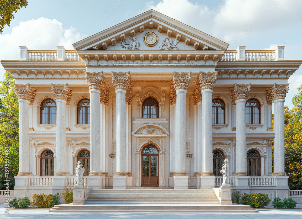 Obraz premium Neoclassical Architectural Facade of Historic Building with Corinthian Columns and Sculptures in Sunlit Setting