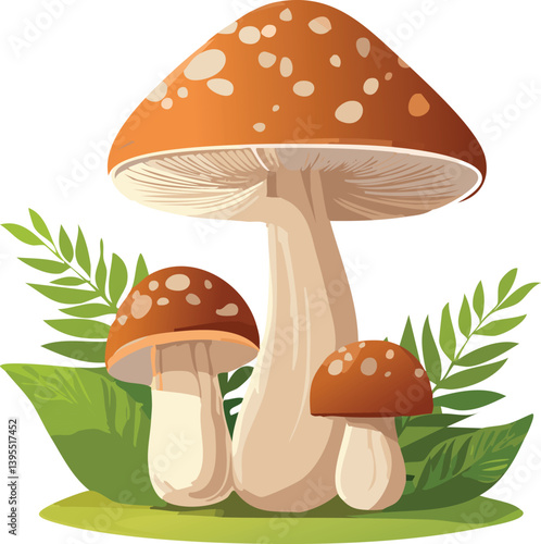 Mushrooms Growing in Lush Forest, Vector Illustration Isolated, Fairy Tale Toadstools, Enchanted Woodland Flora