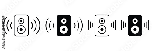 Set of sound speaker, acoustic audio for concert or home cinema stereo system isolated on transparent background with sound wave sign. Outlined and flat black symbol collection illustration. 