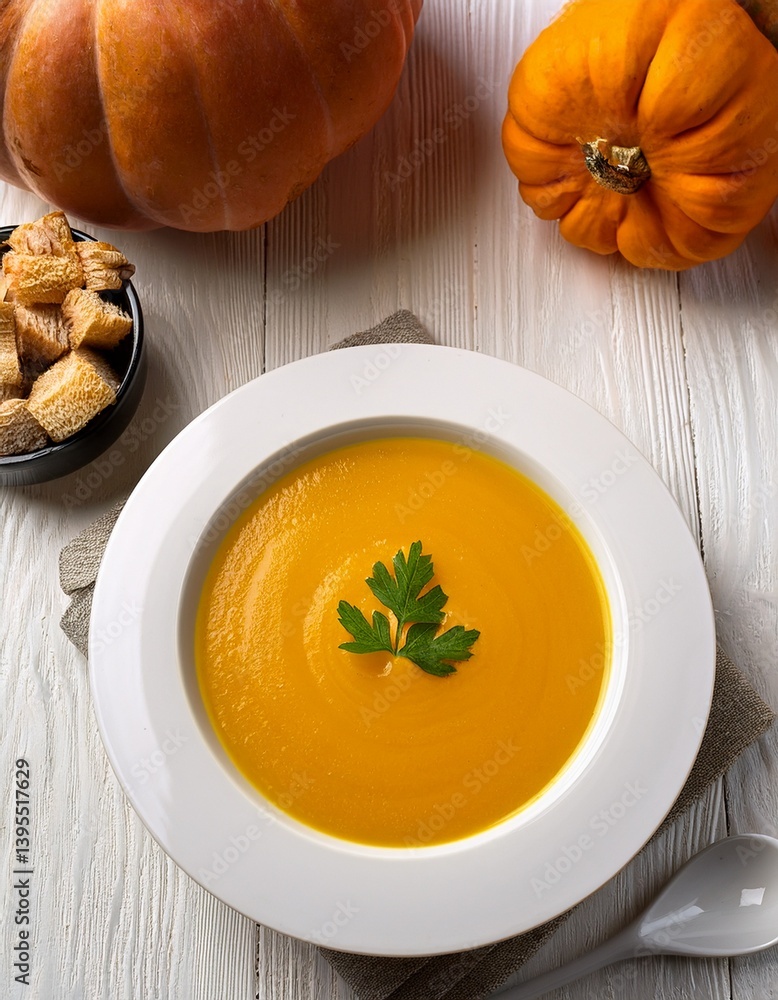 Top view of pumpkin soup in a white plate on wooden table with fresh pumpkin. Generated image Top view of pumpkin soup in a white plate on wooden table with fresh pumpkin. Generated image
