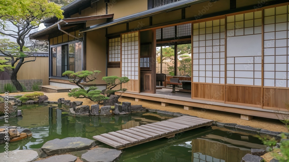 Fototapeta premium Exterior shot of a traditional Japanese home with a tranquil pond, rock gardens, and sliding shoji screens. Serene architecture.