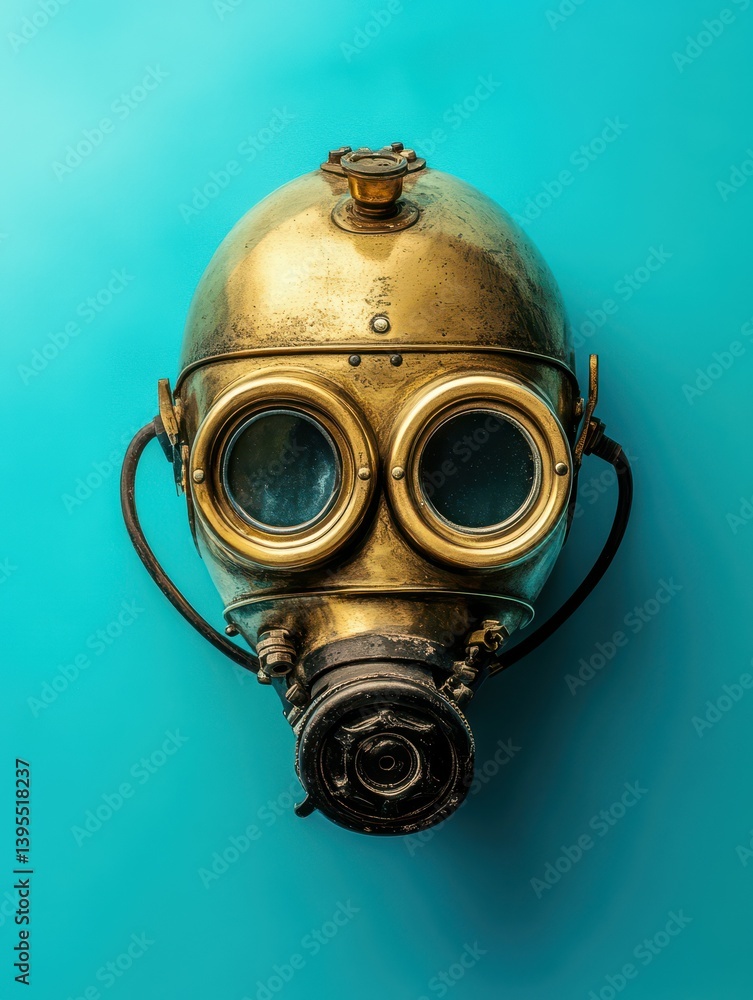 An antique brass diving helmet sitting against a teal background An antique brass diving helmet sitting against a teal background