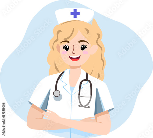 Joyful cartoon illustration of a blonde female nurse with her arms folded, showing a welcoming expression. She is dressed in a white uniform. A tribute to nurses.