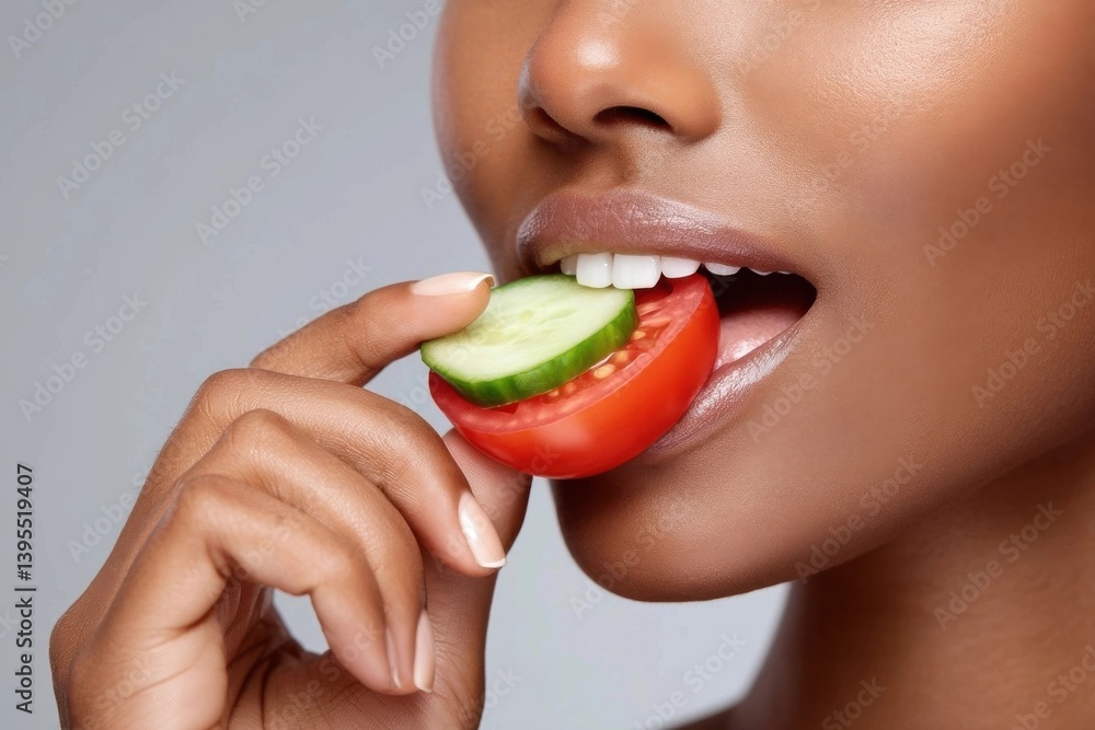 Close-up of woman eating tomato and cucumber slice, showing healthy eating habits and glowing skin. Close-up of woman eating tomato and cucumber slice, showing healthy eating habits and glowing skin.