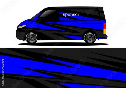 A stylized delivery van with a dynamic blue and black design parked against a minimalist background